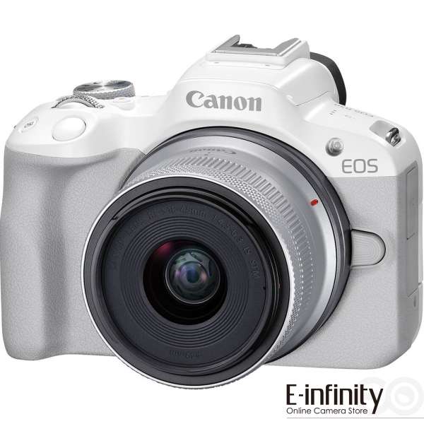 Canon EOS R50 spiegellose Digitalkamera mit 18–45 mm f/4,5–6,3 Objektiv (weiß)